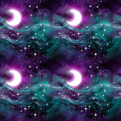 Wall Mural - Celestial Moons and Clouds Seamless Pattern in purple and teal for Night Sky Themes, Sleepwear, Spiritual Blogs, for backgrounds, web design, and creative projects,  for stationery and game design