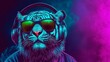 © Ilja - Neon Party Animal Cool Blue Tiger DJ Wearing Headphones and Sunglasses, Vaporwave Style