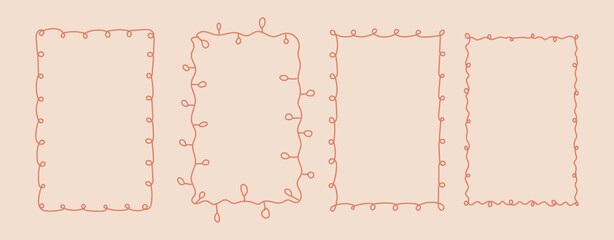 Set doodle hand drawn frames with wavy lines and bow.. Minimalist simple line art. Trendy retro vintage shabby chic whimsical borders for wedding invitations, birthday card, prints. Vector