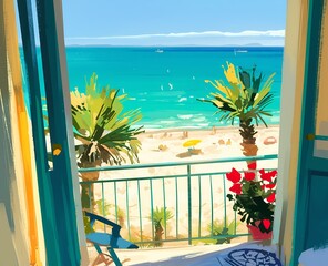 Wall Mural - A balcony view of Mondello’s white sand beach in Sicily, featuring a small chair, palm trees, and a turquoise sea in summer