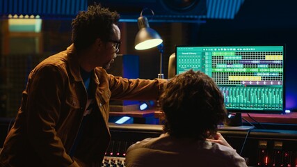 Fototapete - Team of artists collaborating on editing recorded tracks with audio software, twisting knobs to adjust volume levels. Producer and musician creating music on control panel desk in studio. Camera B.
