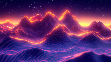 Wall Mural - digital waves in the form of mountains with a mesh texture, shimmering with bright colors, create th