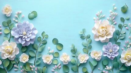 A flat lay of small white flowers and green leave background