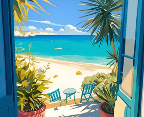 Wall Mural - A balcony view of Mondello’s white sand beach in Sicily, featuring a small chair, palm trees, and a turquoise sea in summer