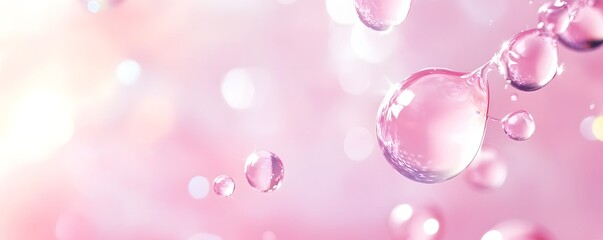Fototapete - Captivating image of delicate iridescent bubbles suspended in a luminous liquid medium against a soft pink hued background  The ethereal glassy spheres refract and shimmer creating a mesmerizing