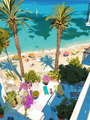 Wall Mural - A balcony view of Mondello’s white sand beach in Sicily, featuring a small chair, palm trees, and a turquoise sea in summer