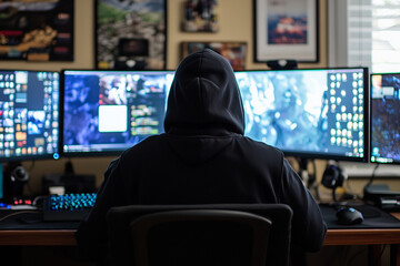 Wall Mural - cyber hacker attack concept. abstract digital hacker man with a laptop. male criminal, hoodie and re