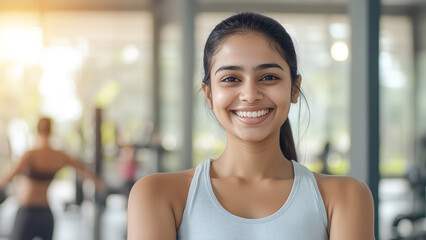 Smiling Indian woman at the gym wearing activewear. Confident beautiful woman crossed arms - Gym coach and trainer