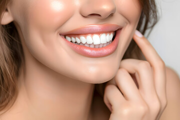 Wall Mural - Perfect healthy teeth smile of a young woman. Teeth whitening. Dental clinic patient. Stomatology concept