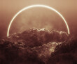 © Mediagfx - The abstract landscape with rocky stones and glow ring in mystic fog. The product show background in futurism style. Color filtered, 3d render