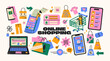© Limpreom - Online shopping stickers set. Featuring cash register, computer, shopping cart, checkout interface, and e-commerce elements. Vibrant vector shapes for digital retail and online shopping concepts