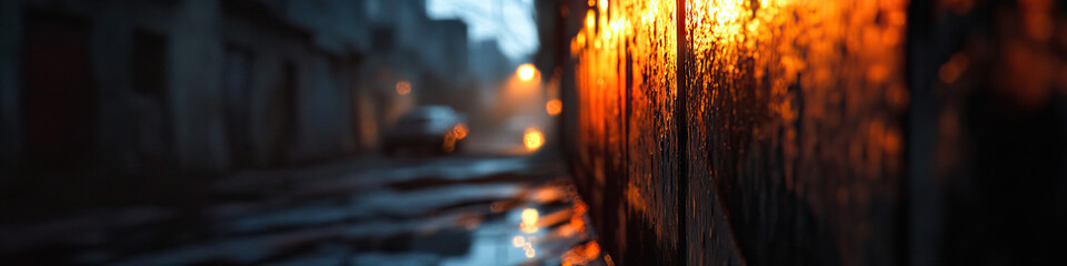 Wall Mural - Night Street Scene with Illuminated Wall and Blurred Background