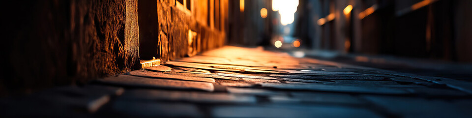 Wall Mural - Cobblestone Alleyway at Sunset: Ground-Level Perspective