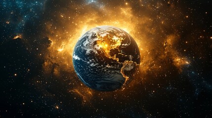 Wall Mural - glowing earth floating in cosmic void with illuminated continents and halo of stars