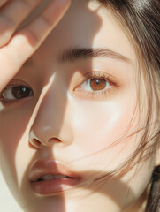 Aufkleber - 美肌で綺麗な若いアジア人女性の顔半分にクローズアップした美容・ファッション撮影ショット。光と影がおしゃれな雰囲気を作っている。
