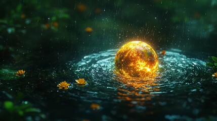 Wall Mural - glowing earth floating inside a cosmic raindrop surreal nature concept