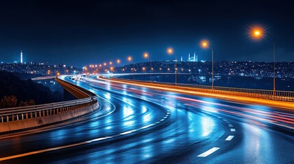 Poster - Night City Highway Curves, Istanbul Mosque Skyline, Wet Road