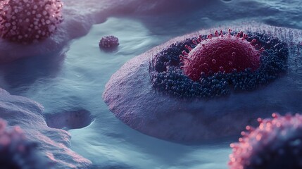 Poster - Microscopic view of magnified coronavirus cells during a global pandemic outbreak  The image showcases the medical scientific and biological aspects of the disease