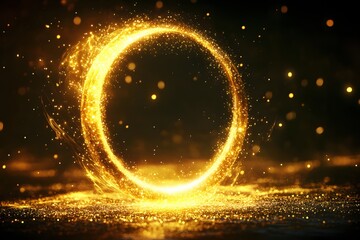 Wall Mural - golden circle of glowing particles on a dark background creating a magical and ethereal scene
