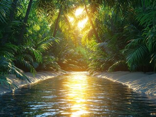 Poster - Mystical River Winding Through Lush Rainforest with Glowing Reflections