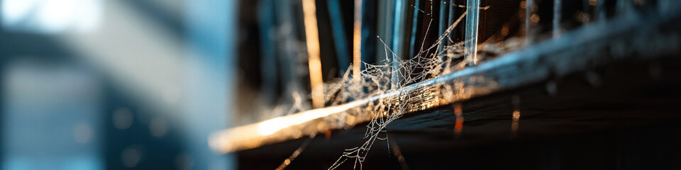 Dew-Covered Spiderweb on Metal Surface