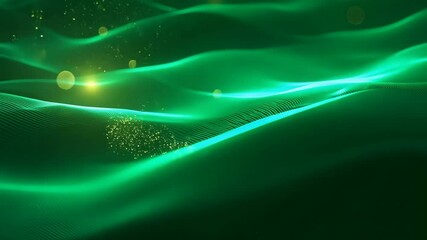 Wall Mural - emerald green wavy background with floating light particles