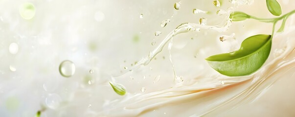 Aufkleber - Splashing water droplets on fresh green leaves creating a serene and natural background  The transparent liquid creates a sense of cleanliness purity and harmony in the natural environment