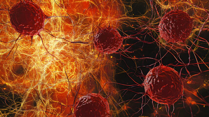 Leinwandbilder - Striking abstract microscopic cellular network of neurons and DNA strands depicting the complex biological technological and scientific structures and patterns