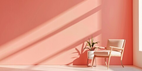 Wall Mural - A modern minimalist layout featuring a soft coral pink backdrop, Clean lines and gentle tones, Contemporary minimalist style