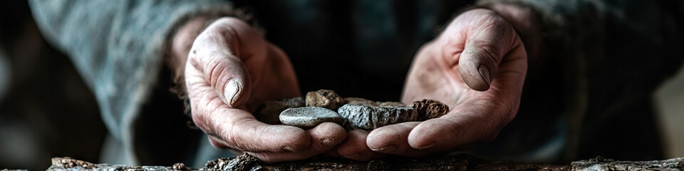 Canvas Print - Weathered Hands Holding Small Stones