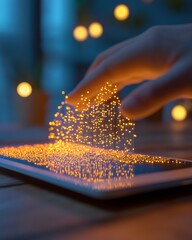 Leinwandbilder - Futuristic Holographic Interface Gesture-Controlled Data Visualization on Sleek Glass Tablet - Enhancing Digital Interaction in Modern Tech Workspaces
