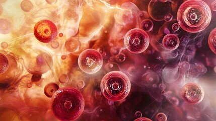 Fototapete - Vibrant Microscopic Organic Abstract Composition with Glowing Molecules and Cells  Colorful digital featuring a surreal psychedelic and futuristic biological design with fluid shapes swirls