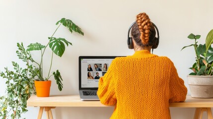 Fototapete - Minimalist Home Workspace Indian Female Student in Cozy Digital Learning Setup with Natural Decor - Distance Education and E-Learning Platform Imagery