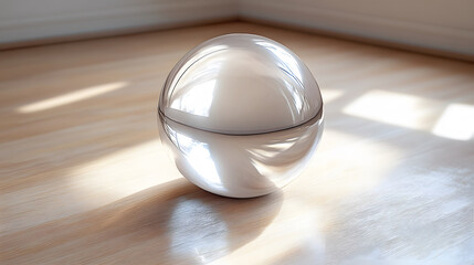 Fototapete - A reflective, spherical object rests on a wooden surface, illuminated by soft, natural light, showcasing smooth curves and subtle reflections