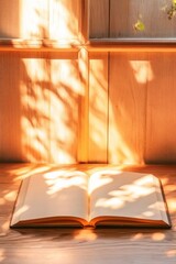 Aufkleber - Sunlit Minimalism Open Blank Textbook on Wooden Desk - Natural Texture for Educational Content and Knowledge Sharing in Modern Learning Environments