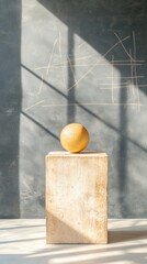 Aufkleber - Modern Minimalist Design Geometric Wooden Sphere on Textured Stone Pedestal - Contemporary Math Education Visuals for Innovative Learning Spaces