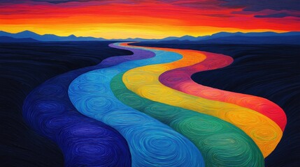 Wall Mural - Vibrant swirling rainbow road in surreal landscape with colorful sunset
