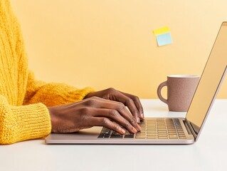 Poster - Diverse Remote Workforce Hands Typing on an Inclusive Laptop with Textured Keyboard for Dynamic Gig Economy - Content Creation and Digital Marketing Solutions