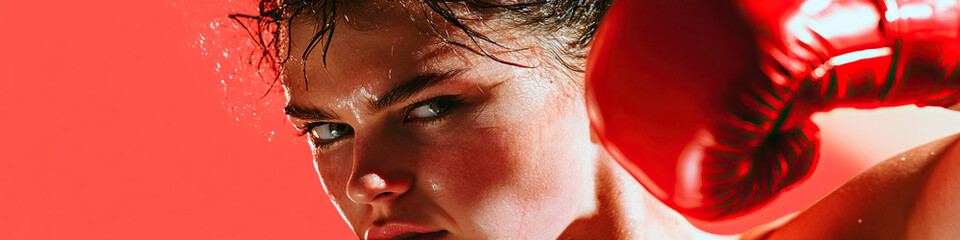 Wall Mural - Close-up Portrait of Sweaty Female Boxer with Red Boxing Glove