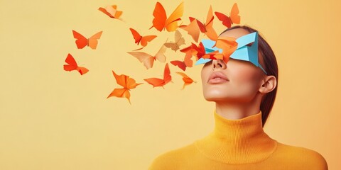 Fototapete - Origami-Inspired Mental Wellness Artistry Contemporary Paper Brain with Colorful Butterflies - Mindfulness Design for Innovative Healthcare Marketing and Cognitive Therapy Spaces