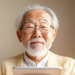 Poster - Warm Tech-Driven Senior Living Elderly East Asian Man Video Chats in Modern Space with Tablet - Enhancing Family Connections and Digital Literacy for Senior Wellness