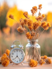 Poster - Modern Rustic Timing Display Silver Stopwatch and Dried Flower Arrangement for Eco-Friendly Lifestyle Marketing and Interior Design Content, Precision Aesthetic for Business Innovation