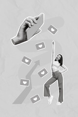 Poster - Creative trend collage of excited young lady dancing happy arm hold device gadget social media popularity metaphor psychedelic pinup