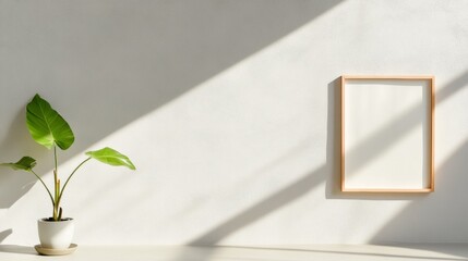 Aufkleber - Minimalist Art Frame on Textured Wall with Natural Light and Plant - Modern Interior Decor for Contemporary Design Spaces and Innovative Virtual Staging Solutions