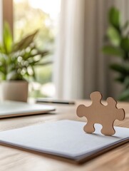 Aufkleber - Natural Workspace Harmony Wooden Puzzle Piece on Oak Desk with Greenery - Strategic Leadership Imagery and Business Solution Alignment for Professional Growth
