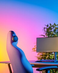 Aufkleber - Minimalist RGB Gaming Setup Sleek Multi-Monitor Workstation with Ergonomic Chair and Peripherals - Esports Creator Content and Competitive Streaming Environment