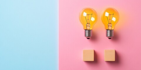 Poster - Contemporary Minimalist Workspace Lightbulb Icons and Wooden Blocks on Pastel Surface - Innovative Business Content and Idea Development for Creative Professionals