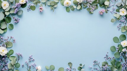 A flat lay of small white flowers and green leave background