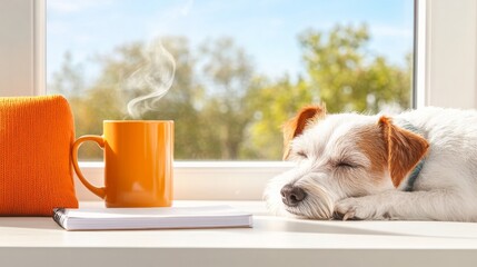 Poster - Scandi-Chic Work Corner Sunlit Pet-Friendly Workstation with Wool Textures and Modern Mug - Cozy Remote Office Design for Flexible Work and Productivity Boost