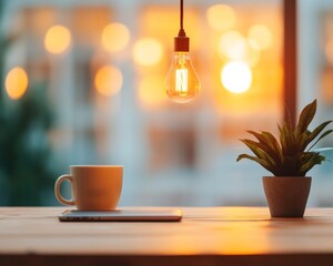 Aufkleber - Warm Minimalist Workspace Modern Desk with Coffee Cup, Laptop and Ambient Lighting - Business Innovation and Digital Productivity for Creative Professionals